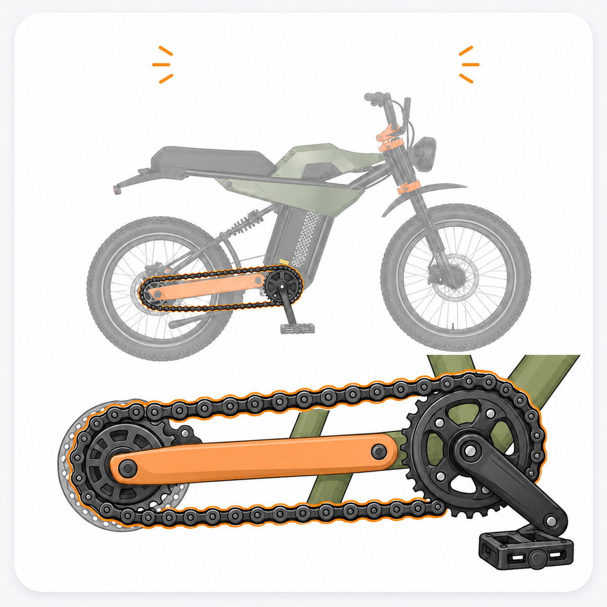 Bicycle chain transferring power from pedals to rear wheel, being cleaned and adjusted