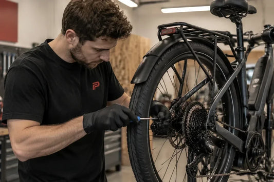 Technician using an e-bike maintenance checklist while servicing an e-bike in the Picarlo workshop