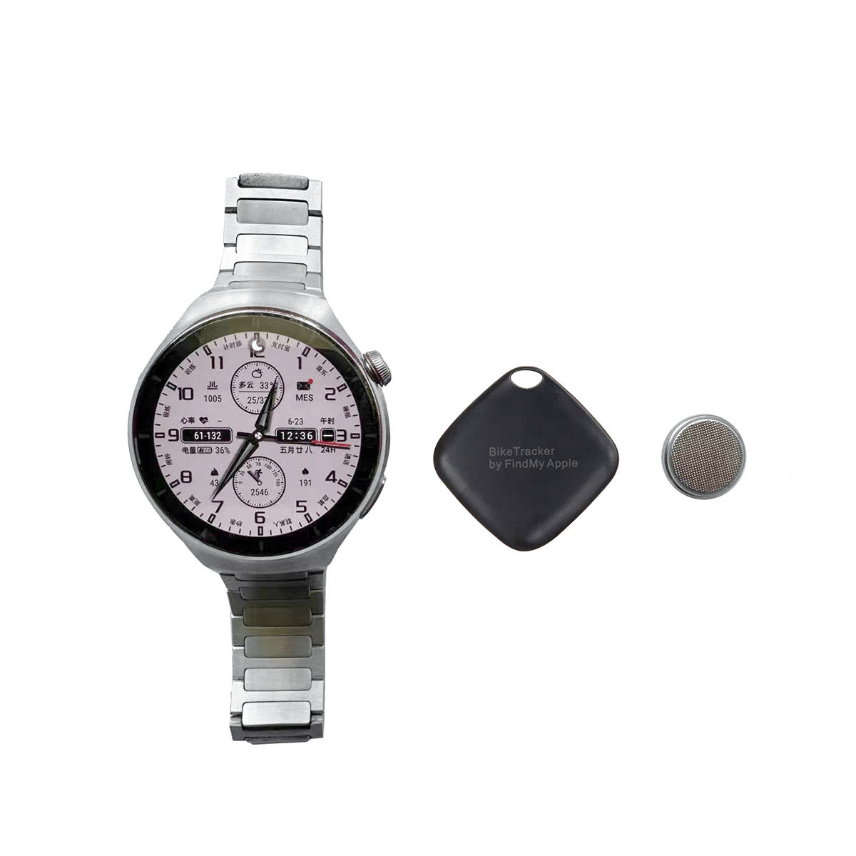 Freego BikeTracker with a watch on a transparent background.