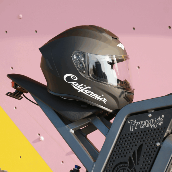 Freego California helmet resting on Freego electric bike seat