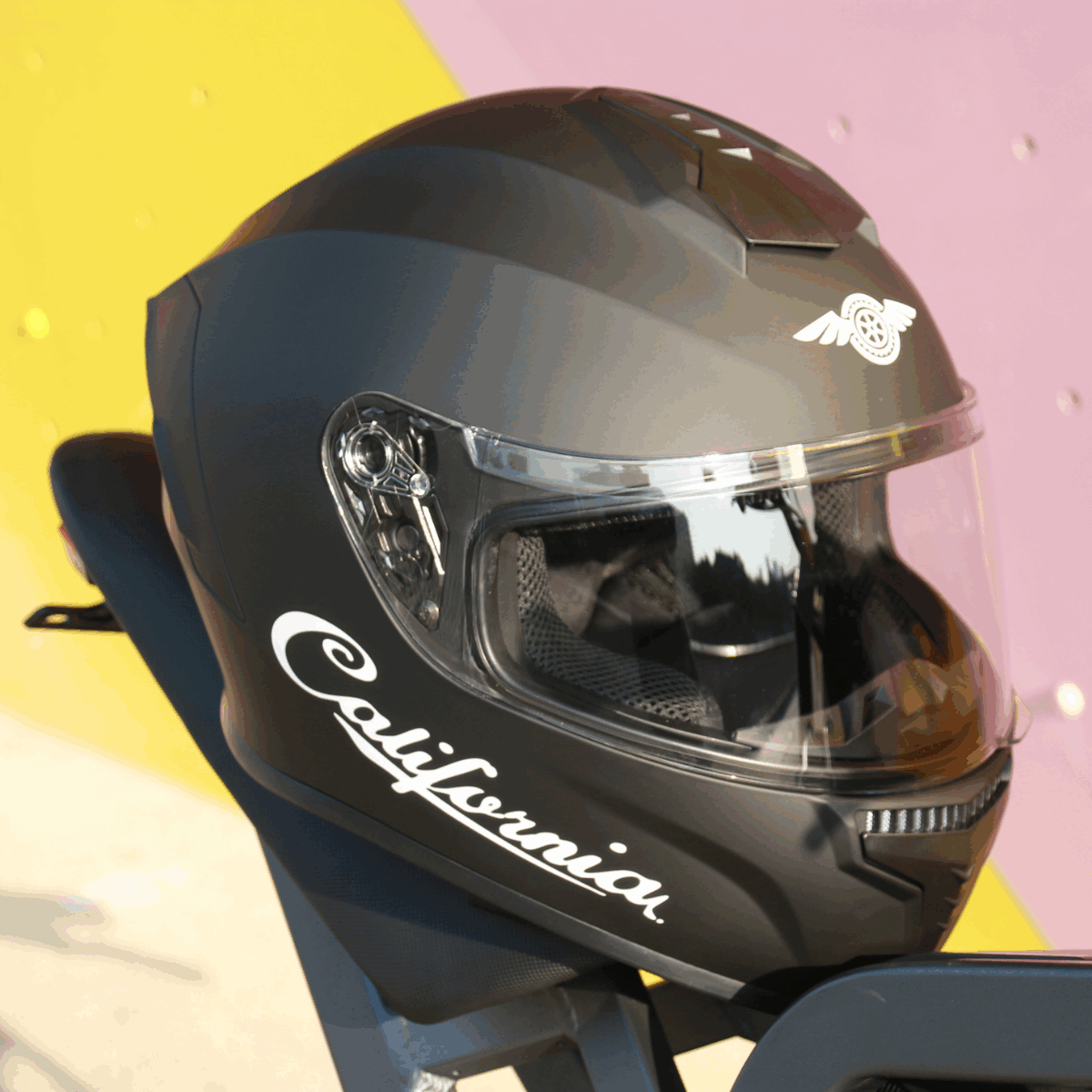 Freego California helmet side view closeup with logo