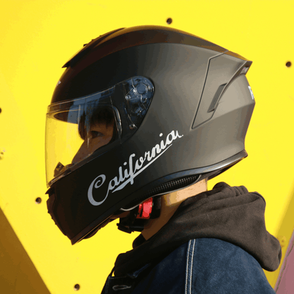 Freego California helmet worn by rider, side view