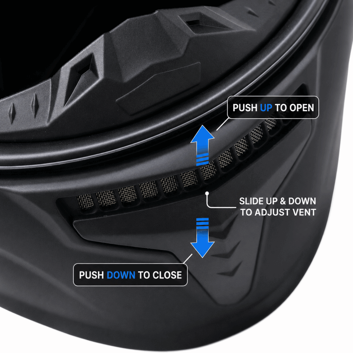 Freego helmet front vent closeup showing open/close adjustment
