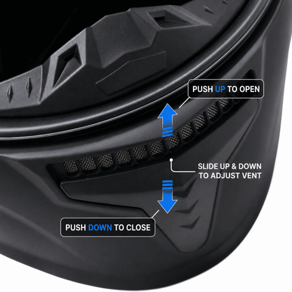 Freego helmet front vent closeup showing open/close adjustment