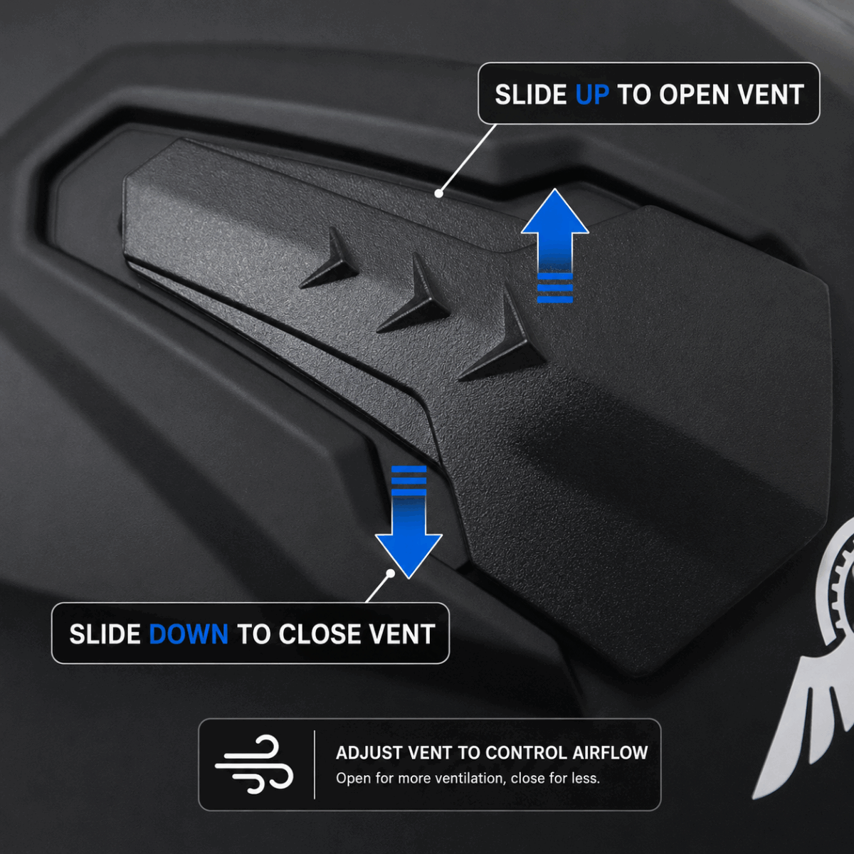 Freego helmet top vent adjustment closeup with airflow control